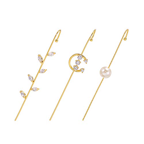Ear Wrap Crawler Hook Earrings for Women Girls 14K Gold Ear Cuffs Piercing Earrings Set Rhinestone Hook Earring Thread Ear Pin