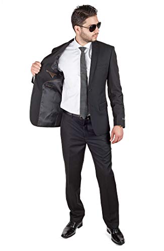 Slim Fit Men Suit Solid Black 2 Button Notch Lapel Flat Front Pants by Azar4