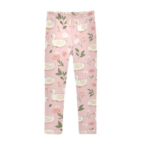 Cute White Ducks Girls' Leggings Toddler Doodles Flowers Pink Kids Yoga Pants Dance Active Tights 4T