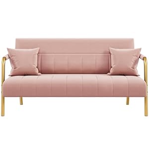 Yaheetech 56.5″ W Modern Sofa Small Sofa Luxurious Velvet Fabric Couch with Gold-Tone Metal Arms and Legs for Living Room, Home Office, Studio Pink
