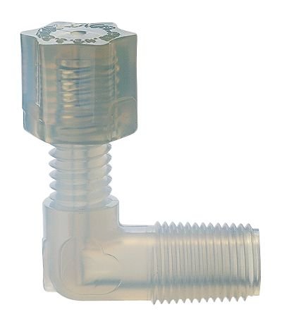Codo adaptador roscado de compresión Cole-Parmer AO-31320-16 de PFA con conexión de 1/4" OD x 1/4" NPT