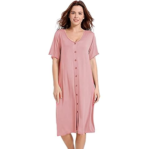 Dreamskull Women's Nightshirt Short Sleeve Nightdresses Button Down Sleepwear V-Neck Nightgown Casual Pajama Dress Plus Size Pink Cover