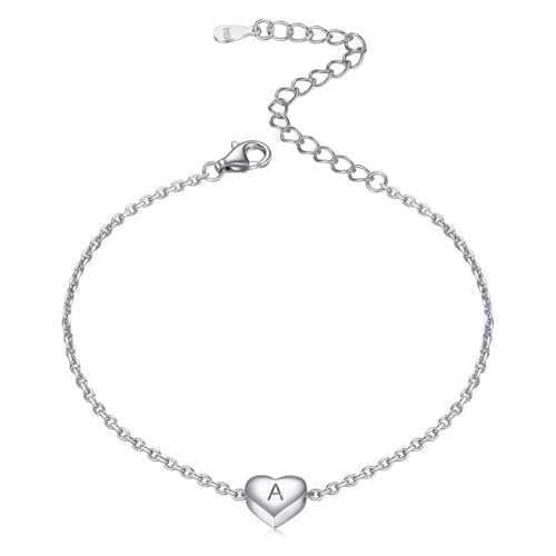ChicSilver Pulsera Plata Mujer Letra Inicial A Corazón Pulsera Bohemia Plata de Ley 925 Dije Pequeño Cadena Ajustable 16cm Regalo Romántico Novia Pareja