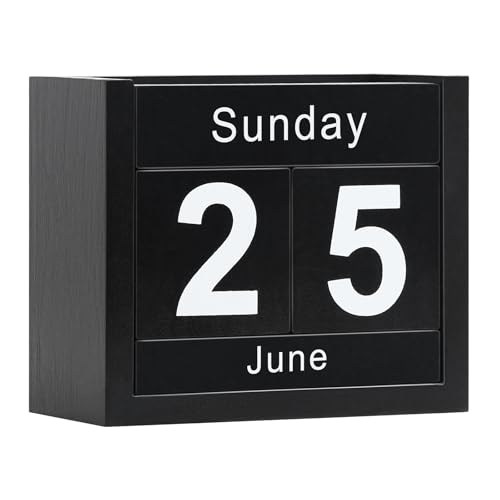 DEERINE Wooden Block Calendar for Desk Daily Desktop Perpetual Desk Calendar Cute Date Display Blocks Desk Accessory for Home Office Decor Teacher Classroom Reusable Yearly Black