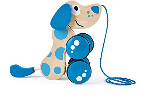 Image of Hape Walk-A-Long Puppy Wooden Pull Toy | Push Pull Toy Puppy for Toddlers Can Sit, Stand and Roll. Rubber Rimmed Wheels for Easy Push and Pull Action, Blue