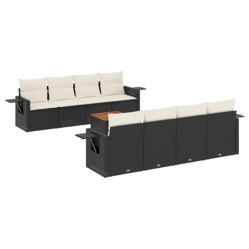 SooIarix 9-TLG - Juego de sofás de jardín (ratán, 4 sofás centrales, 4 sofás con reposabrazos, mesa de jardín de madera de acacia, espacio de almacenamiento con bolsa resistente al agua)