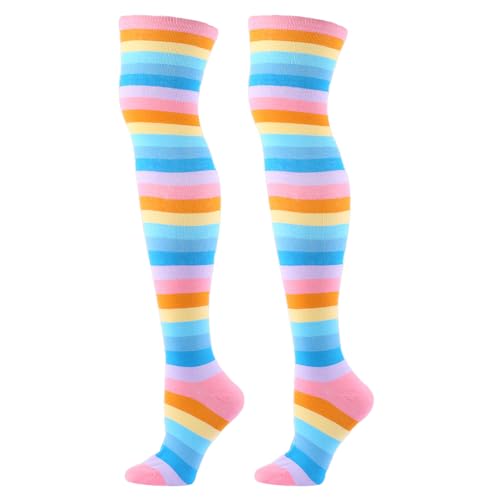 Image of Rainbow Thigh High Socks for Women Girls Pride Socks Kawaii Clown Socks Colorful Cotton Rainbow Stockings Tube Socks Striped Long Socks 1 Pack