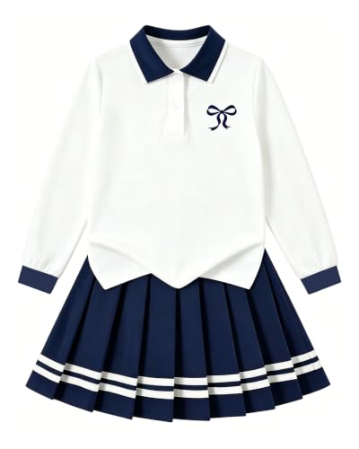 Image of Betusline Girls Skirt Set Long Sleeve Polo & Pleated Skirt, 4-14Y