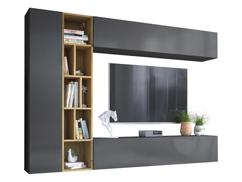 Wohnwand Kodita, Anbauwand, Fernsehschrank, Schrankwand, Mediawand, Wandregal, Schrank, TV-Lowboard (Grau/Eiche Artisan) Wohnwand Kodita, Anbauwand, Fernsehschrank, Schrankwand, Mediawand, Wandregal, Schrank, TV-Lowboard (Grau/Eiche Artisan)