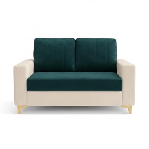 Image of Heaven Dual Tone Plush Velvet 3 Seater + 2 Seater Sofa Set with 2 Ottoman | Silken Velvet Suede Upholstery | Designer Sofa for Living Room & Office Spaces (Green Teal & Cream)