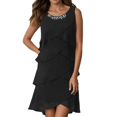 WWPPAION Summer Casual Dresses for Women Short Sleeveless Maxi Dress Tank Dress Irregular Ruffled Embellished Evening Gown B-Black