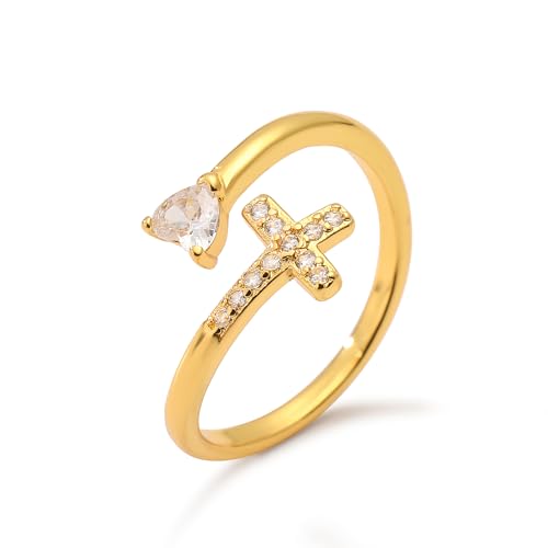 14K Gold Plated CZ Cross Heart Ring Eternity Promise Jewelry for Her