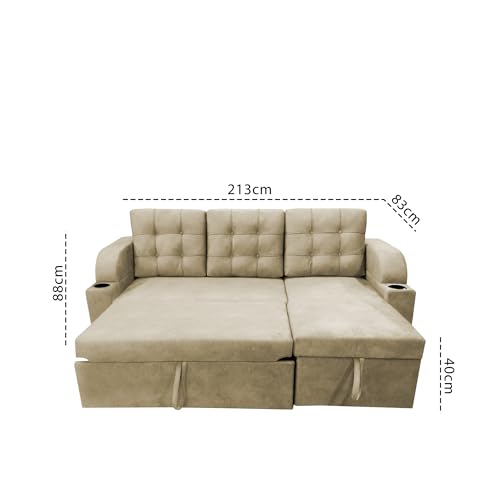 Image of Casaliving Grance RHS 4 Seater Corner Sofa Cum Bed for Living Room with Storage (Cream Fabric) Premium Fabric Sofa Cum Bed