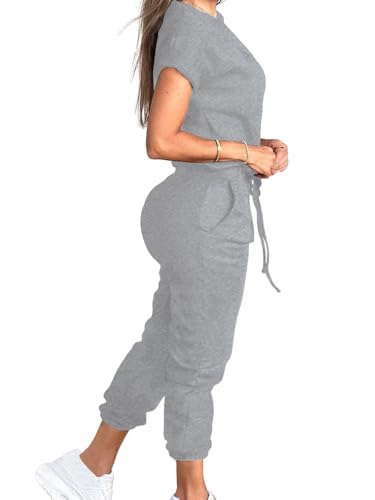 PINSV Women's 2 Piece Outfits Tracksuit Sets Short Sleeve Tops Jogger Pants with Pockets4