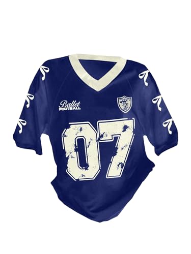 Image of RoseSeek Girl's Jersey Y2K Oversized Graphic Number Print Tops V Neck Short Sleeve T Shirt Hip Pop Tee Streetwear