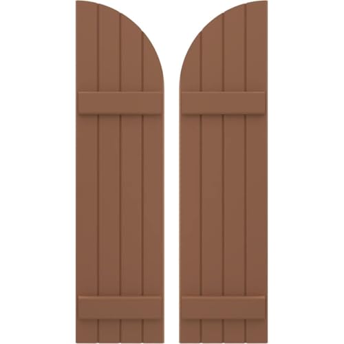 14"W x 50"H Americraft Four Board (2 Batten) Joined Exterior Real Wood Joined Board-n-Batten Shutters w/Arch Top (Per Pair), Burnt Toffee