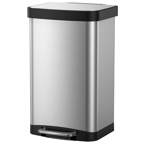 Lovewind Kitchen Trash Can, 16 Gallon Stainless Steel Garbage Can with Soft-Close Lid, Large Metal Trash Bin with Removable Fluid Tray, Indoor & Outdoor Waste Container for Kitchen Office, Silver