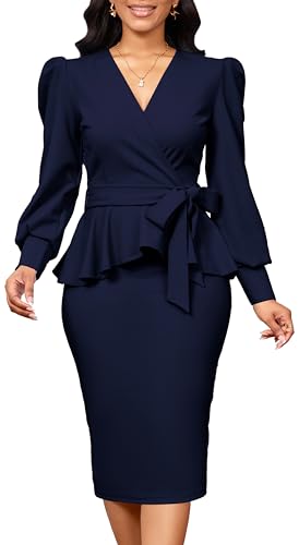 Image of Dresses for Women Elegant Long Sleeves Ruffles Pencil Knee Length Split Business Dress with Belt Zipper