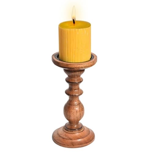 Image of Pure Source India Wooden Candle Holder for Pillar Candles, Natural Mango Wood Vintage Style 8 inch Tall Candle Stand for Fireplace Dining Table Centrepiece, Decorative Item for Home