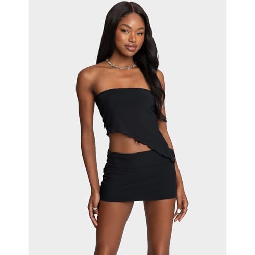 Image of Goafuliy Two Piece Skirt Set for Women Summer Asymmetrical Mesh Strapless Tube Tops Mini Skirt Set Going Out Outfits
