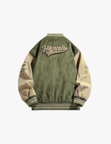 Men's Baseball Jacket, Military Green & Beige Color Block Casual & Daily Wear Unisex2