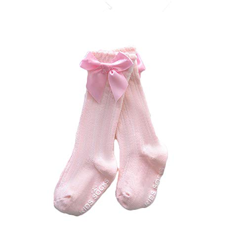 LXXIASHI Baby Girls Bowknot Ribbon Cotton Mid Stockings Newborn Infant Kids Solid Knit Frill Dress Socks 0-4Y (Bow Ribbon - Pink, 2-4 Years)