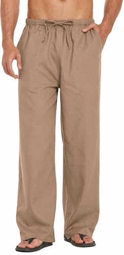 Image of CB-COLEBROOK Mens Casual Linen | Elastic Waist | Drawstring Summer Beach Yoga Linen Trouser | Loose Fit Pyjama Pants for Man