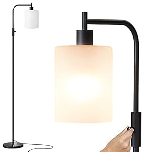 Lampadaire sur Pied Salon, SUNMORY Lampadaire avec Abat-jour en Verre Dépoli Blanc, Ampoule à 3 Températures de Couleur 9W et Douille E27, Lampe sur Pied pour Chambre/Bureau/Café/Noir