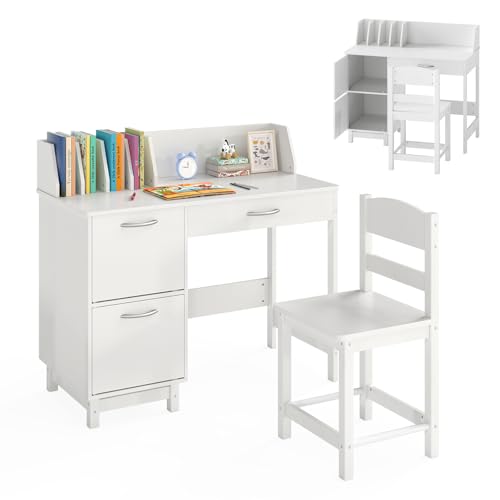 GOPLUS Bureau Enfant Fille Garçon, Table Enfant avec Chaise pour Dessiner, Lire, Bureau avec Rangement 1 Tiroir 2 Armoires, Table d'Étude en Bois pour Maternelle...