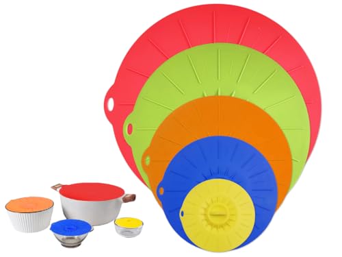 Hitopin 5 Piezas Tapa de Ollas Microondas Elásticas Set, Tapas de Silicona,Tapa Microondas Elásticas, Tapas con Ventosa Silicona para Alimentos, para Cuencos, Sartenes, Platos, Tazas