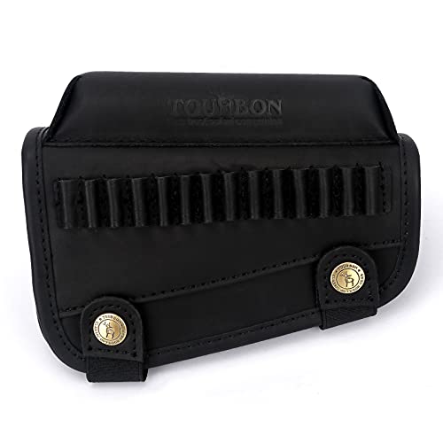 TOURBON Cheek Rest Pad with .22 Rifle Shell Holder Tactical Gun Stock Cover 14 Round Ammo Carrier Pouch Hunting Shooting Accessories (Genuine Leather - Black Right Hand) TOURBON Cheek Rest Pad with .22 Rifle Shell Holder Tactical Gun Stock Cover 14 Round Ammo Carrier Pouch Hunting Shooting Accessories (Genuine Leather - Black Right Hand)