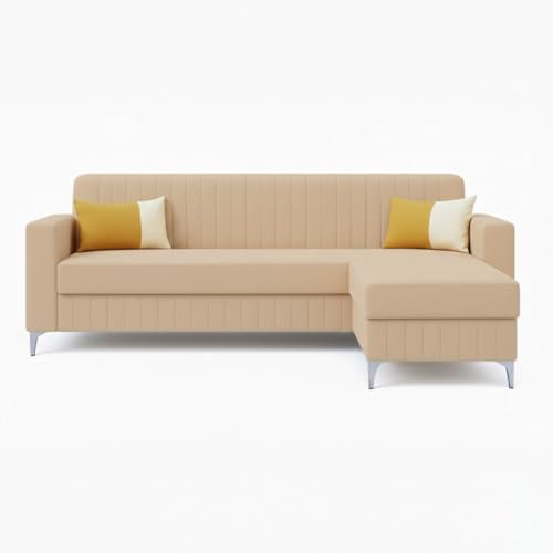 Image of SOCOZI Anton 4 Seater L Shape Sofa Set with Movable Ottoman | Flexible Left or Right Layout | Soft Velvet Suede Fabric | Modern Design | Plush Comfort Cushions for Living Room (Beige)