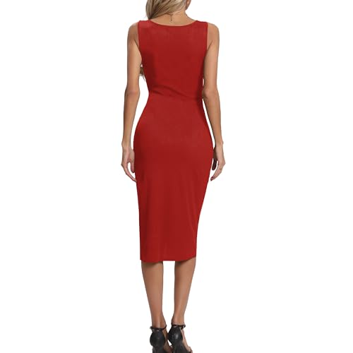 Image of Women's Summer Dress with Slit Sleeveless Crew Neck Cutout Twist Front Crisscorss Ribbed Knit Bodycon Midi Casual Dresses