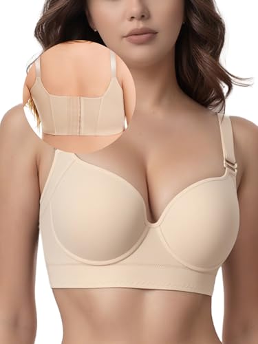 JishinGal Women’s Push Up Bra Full Coverage Seamless Underwire Hide Back Fat, Wide Straps, Smooth Uplift T-Shirt Bra Nude