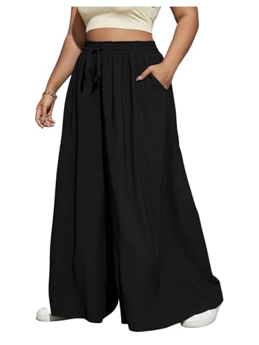 Verdusa Women's Plus Size Wide Leg Pants Drawstring High Rise Baggy Travel Pants with Pocket