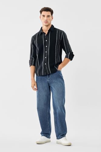 Image of SNITCH Men Casual Shirt | Regular Fit Full Sleeve Point Collar Striped Design | Textured 100% Cotton & Breathable Fabric Smart Casual Outings