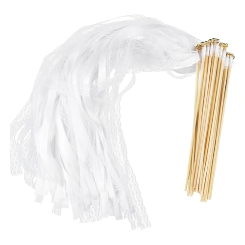 ACOLY Lot de 30 baguettes de ruban de mariage avec clochettes, bâton de fée en dentelle blanche, banderoles de ruban pour décoration de fête, mariage,...