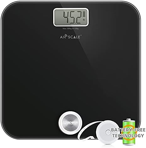 AIRSCALE Digital Bathroom Scale, Battery-Free Tech, Highly Accurate Body Weighing Scale, Press-on and Auto-Off, Large Easy-to-Read LCD Display, Wide Platform with 4 Precision sensors, 400lbs Black