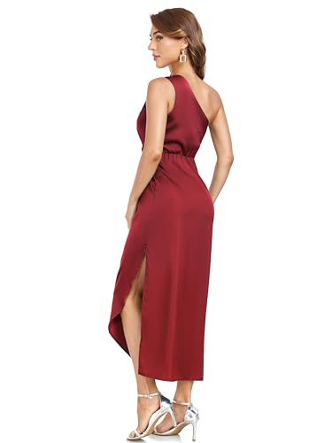 Image of Women's One Shoulder Satin Silk Backless Split Wrap Hem Twist Ruched Summer Party Cocktail Midi Dress
