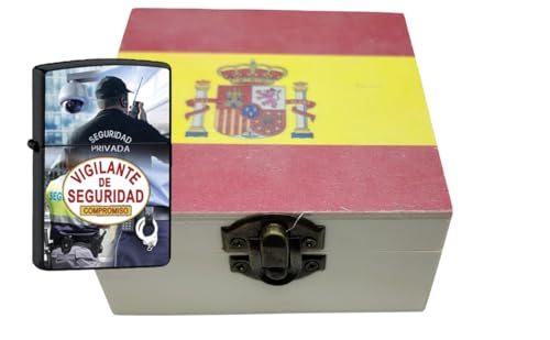 Briquet rechargeable doré avec gravure. Livré dans une boîte en bois avec le drapeau de l'Espagne