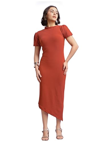 Image of PURVAJA Women's Bodycon Midi Short Sleeve High Neck Solid Dress