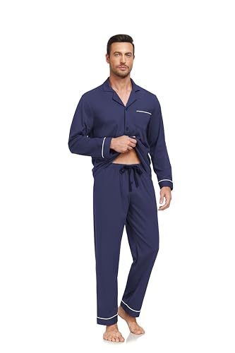 COLORFULLEAF Men's 100% Cotton Pajamas Set Button Down Long Sleeve Sleepwear with Pockets(Navy Blue XL)4