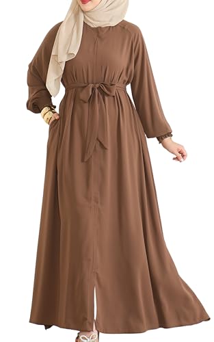 Abaya para Mujer con Cremallera, Incluye cinturón Modesta Abaya turca de Manga Larga para Mujer, Moda Musulmana (FR/ES, Letras, M, L, Regular, Regular, Marrón)