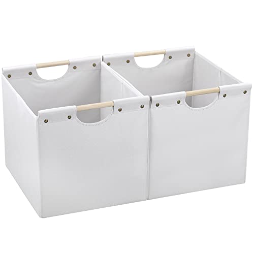 Large Collapsible Storage Bins, Linen Fabric, Pack of 2, Storage Baskets with Wooden Carry Handles and Sturdy Heavy Cardboard, f