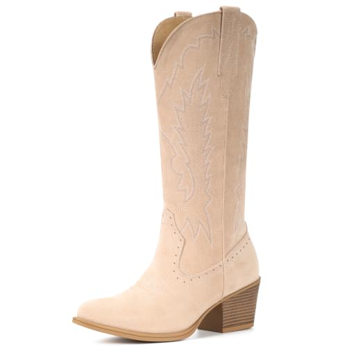 Image of IUV Suede Cowboy Boots For Women Chunky Heel Pointed Toe Cowgirl Boots