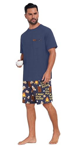 Image of Mens Pajamas Set Lightweight Summer Pjs Sleepwear Soft Comfy Short Sleeve Loungewear With Pocket (S-4X)