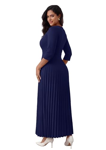 Image of FANDEE Women's V-Neck Pleated Maxi Dress A-Line 3 /4 Sleeve with Pockets