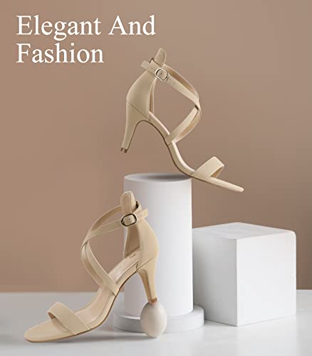 Image of Ankis Nude Gold Black Heels Strappy Heels for Women 3 Inch Stiletto Open Toe Sandals for Wedding Evening Party Homecoming