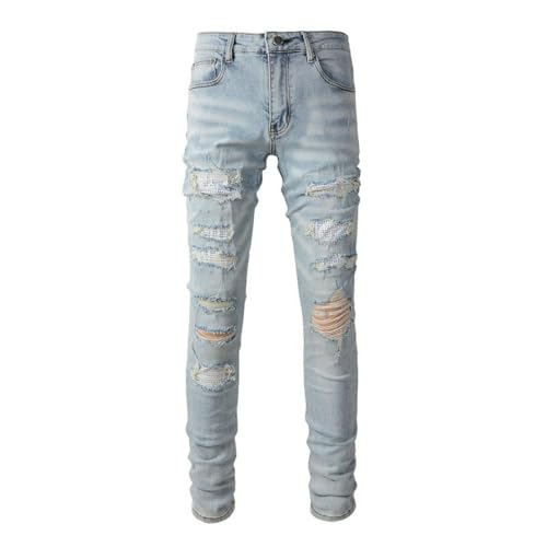 Jeans Pants Trouser Denim Ripped Distressed Hole Stretch Slim Fit Light Blue Retro Zircon Trendy Street Casual Straight Small Leg for Men(Light Blue,29)2