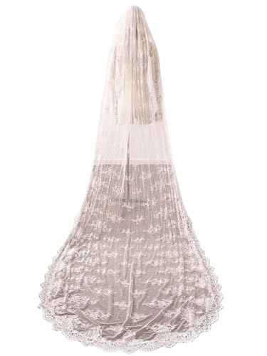 Ophea Veily French Lace Long 1 Tier Ivory Wedding Bridal Veil with Comb Cathedral Length